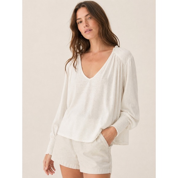 Free People Tops - Free People Women Smocked Cuff V Neck Top Medium Boho Slub Knit Ivory White